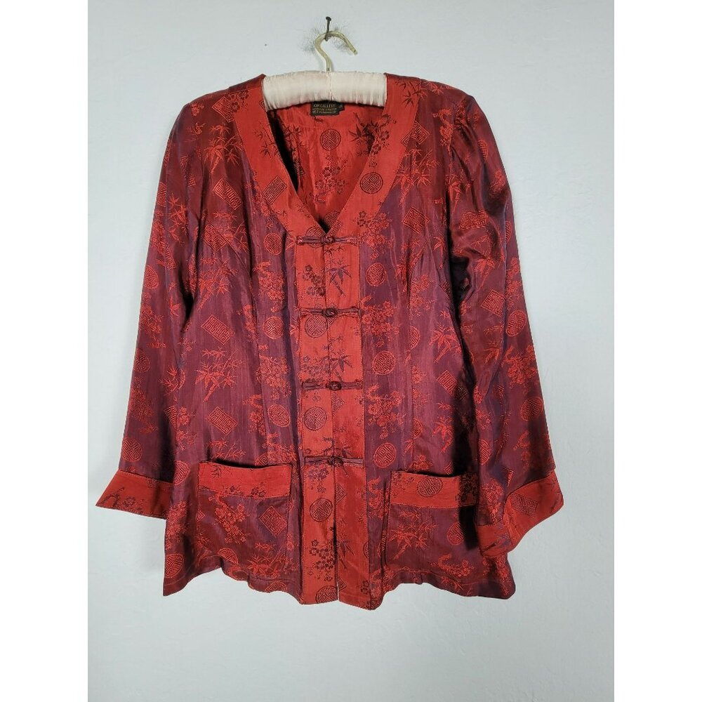 OM Gallery Women's Handmade Knot Button Front Vietnamese Silk Blouse Red Small